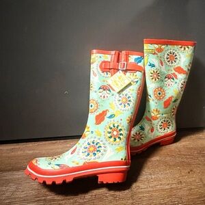 Jessica Swift Floral Pattern Teal and Red Women's Rain Boots 7M